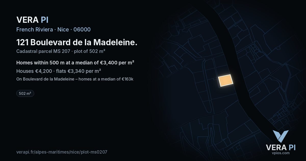 121 Boulevard de la Madeleine, Nice at night – the plot lit, the parcels around coloured by the prices near them