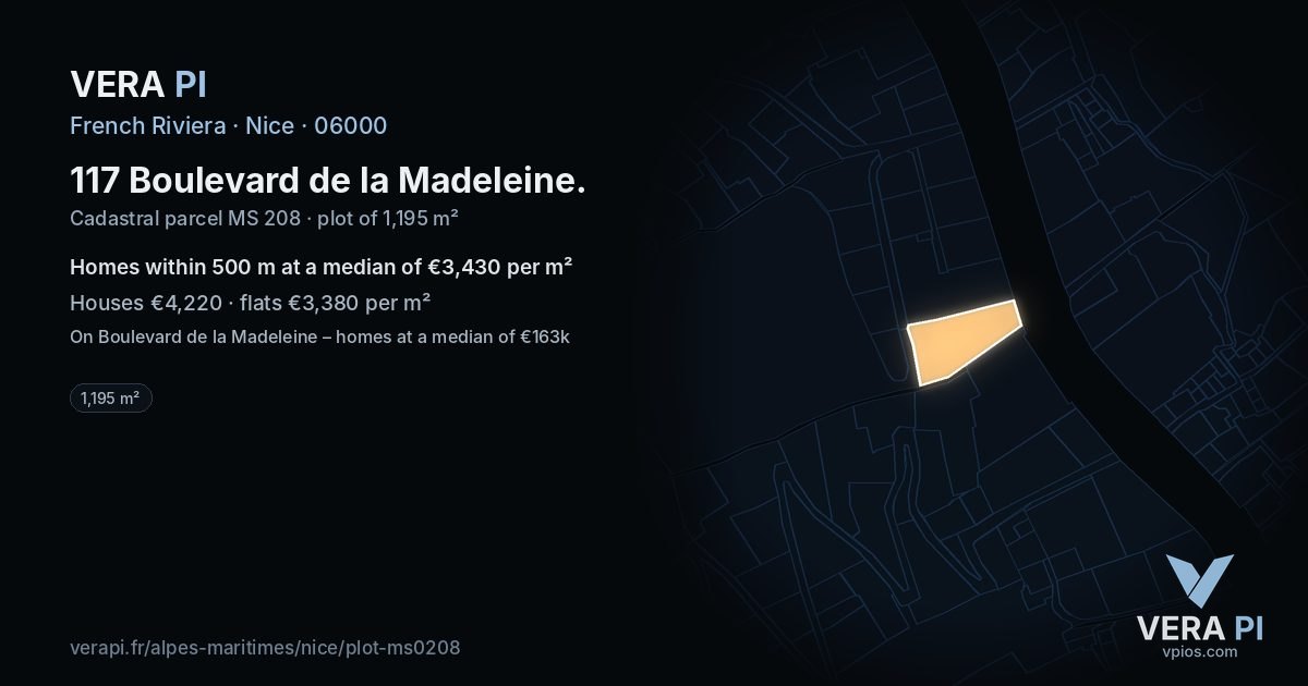 117 Boulevard de la Madeleine, Nice at night – the plot lit, the parcels around coloured by the prices near them