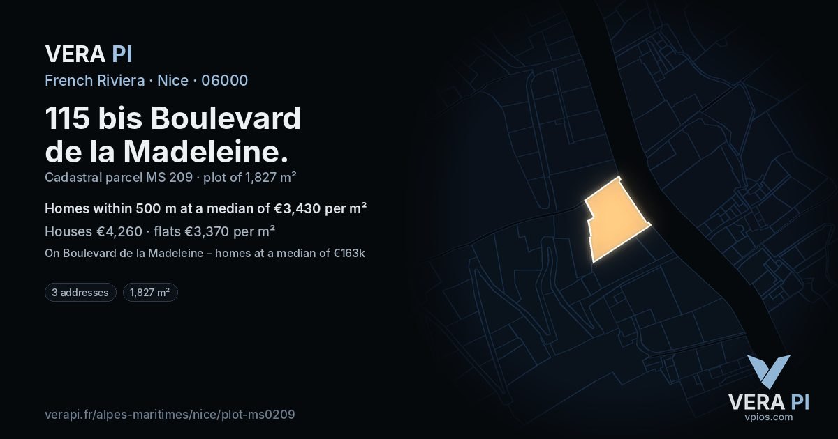 115 bis Boulevard de la Madeleine, Nice at night – the plot lit, the parcels around coloured by the prices near them