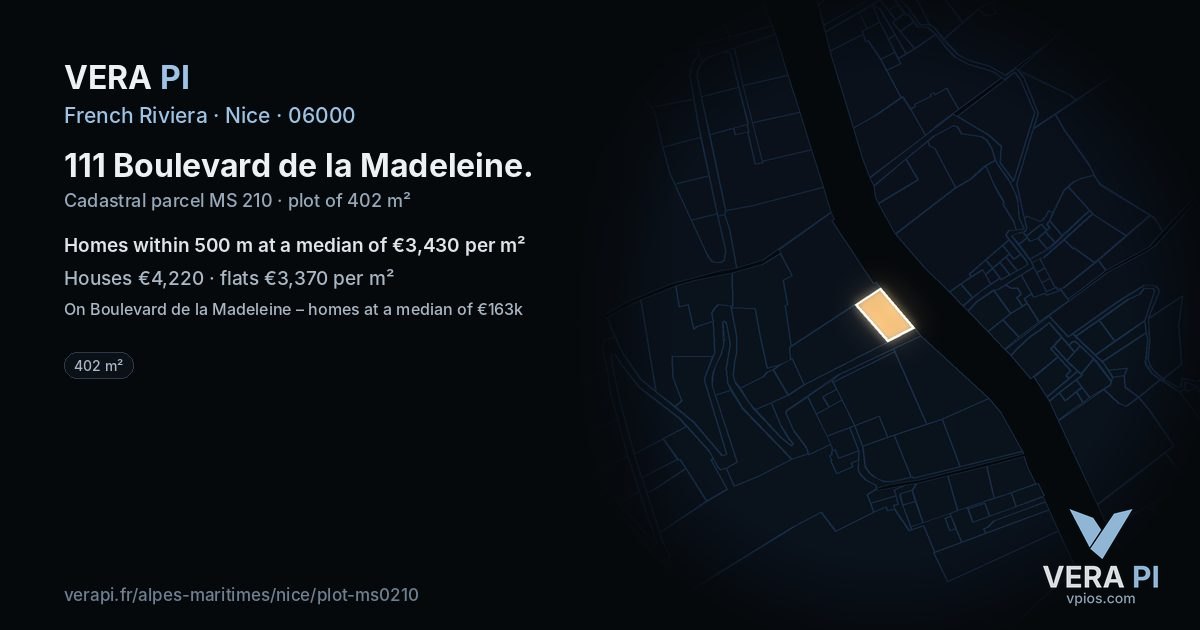 111 Boulevard de la Madeleine, Nice at night – the plot lit, the parcels around coloured by the prices near them
