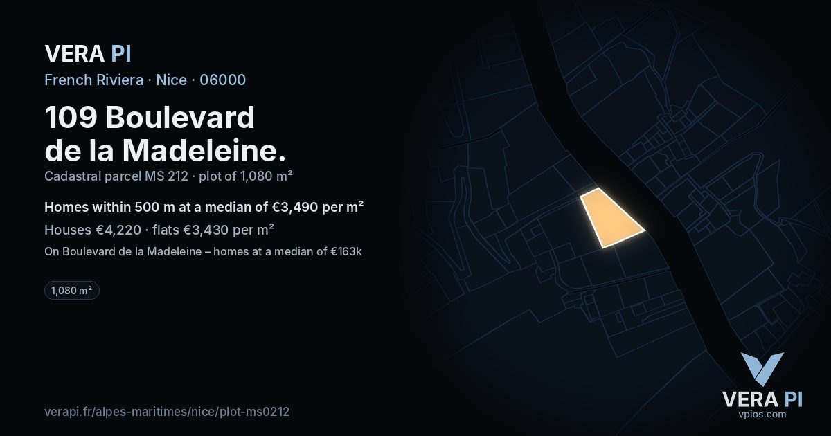109 Boulevard de la Madeleine, Nice at night – the plot lit, the parcels around coloured by the prices near them