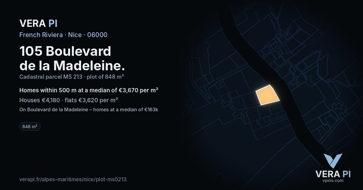 105 Boulevard de la Madeleine, Nice at night – the plot lit, the parcels around coloured by the prices near them