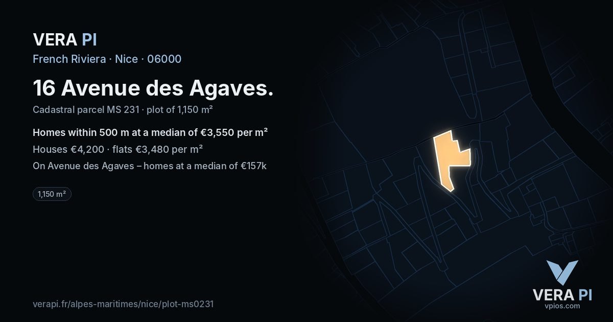 16 Avenue des Agaves, Nice at night – the plot lit, the parcels around coloured by the prices near them