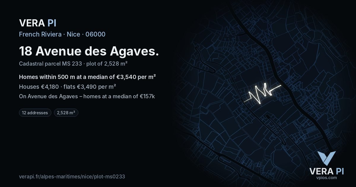 18 Avenue des Agaves, Nice at night – the plot lit, the parcels around coloured by the prices near them