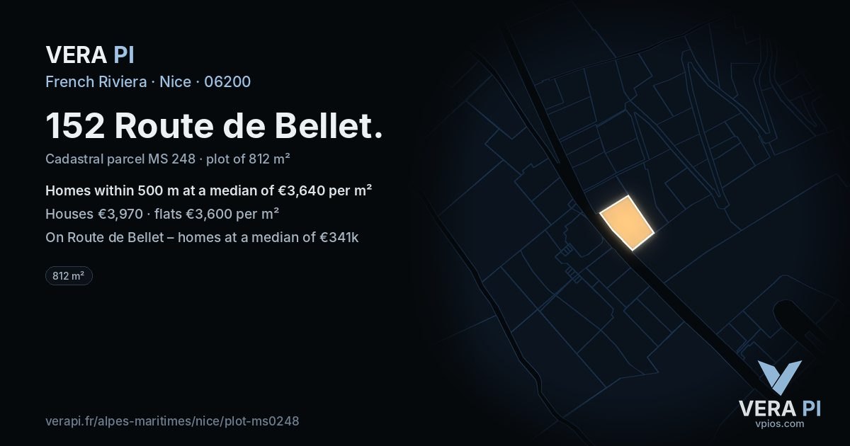 152 Route de Bellet, Nice at night – the plot lit, the parcels around coloured by the prices near them