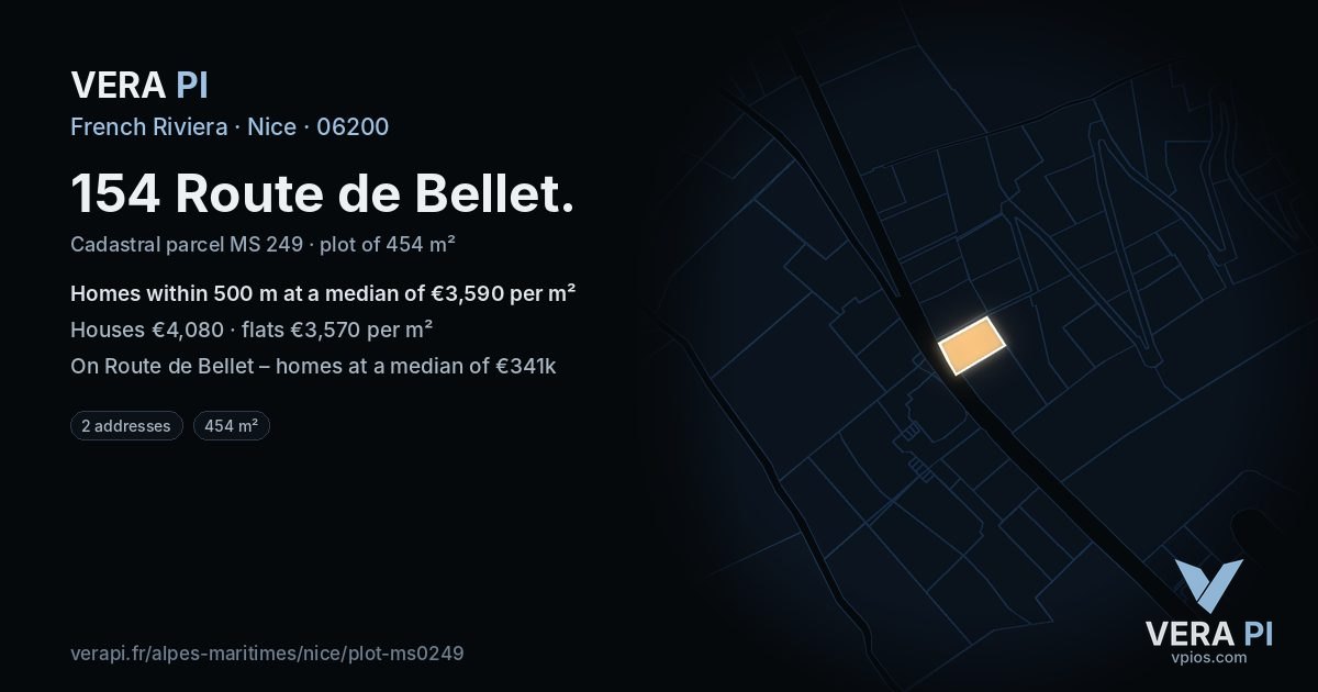 154 Route de Bellet, Nice at night – the plot lit, the parcels around coloured by the prices near them