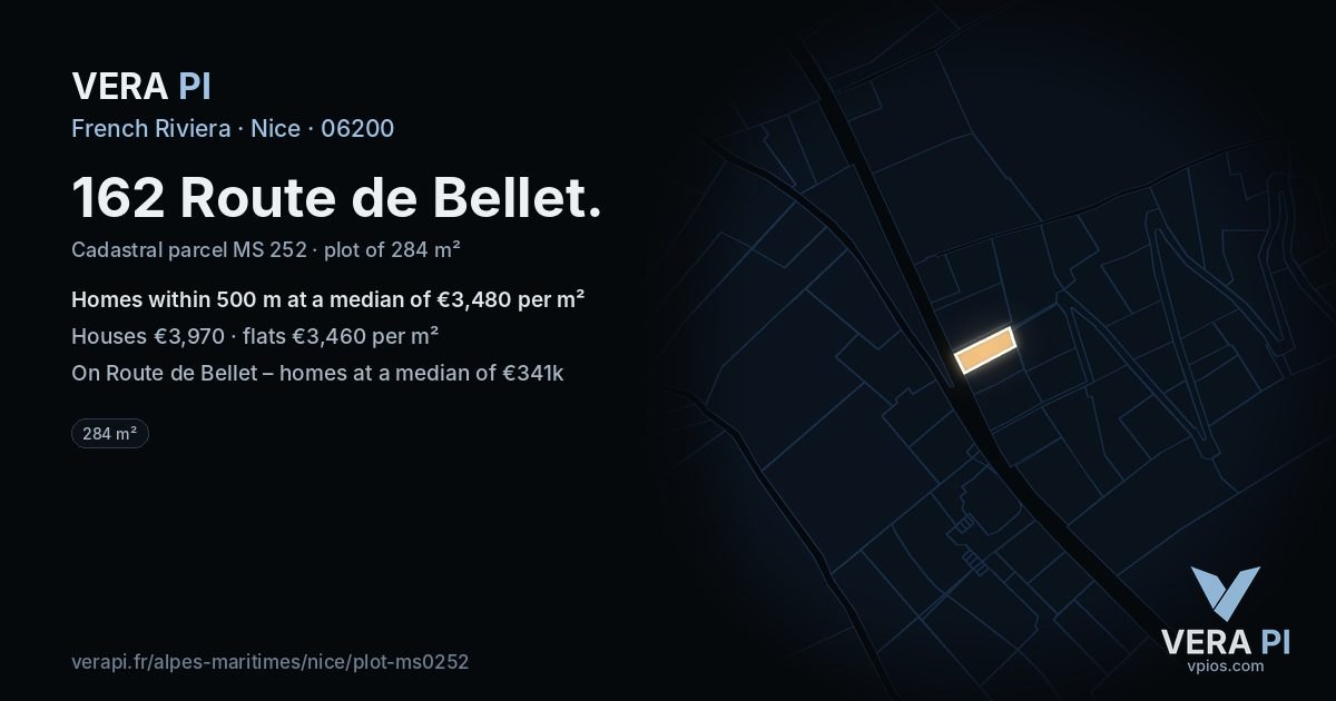 162 Route de Bellet, Nice at night – the plot lit, the parcels around coloured by the prices near them