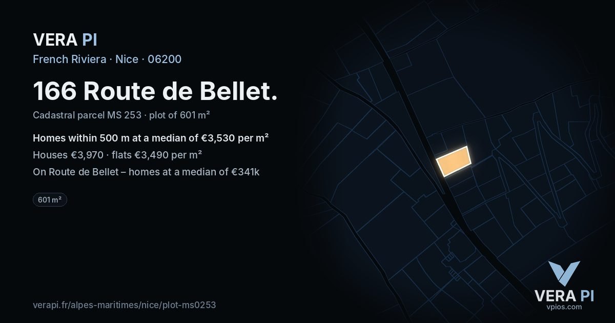 166 Route de Bellet, Nice at night – the plot lit, the parcels around coloured by the prices near them