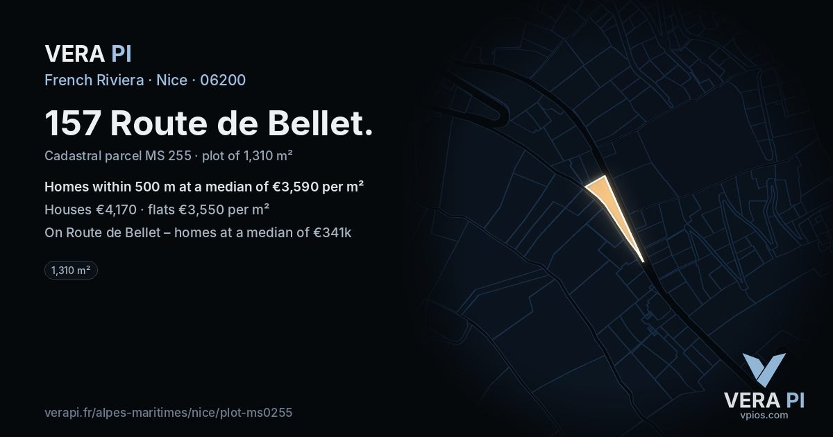 157 Route de Bellet, Nice at night – the plot lit, the parcels around coloured by the prices near them