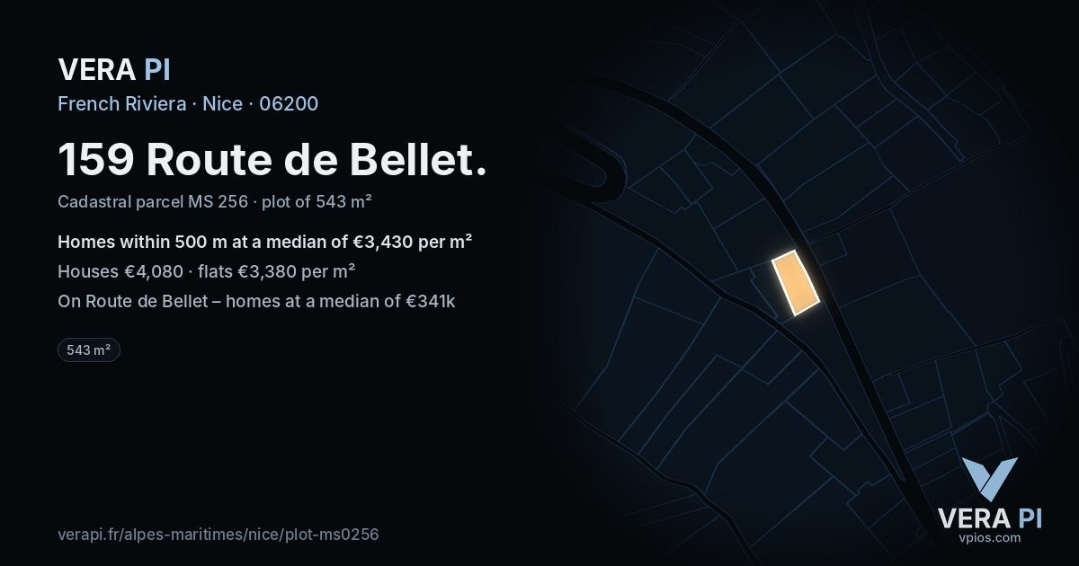 159 Route de Bellet, Nice at night – the plot lit, the parcels around coloured by the prices near them