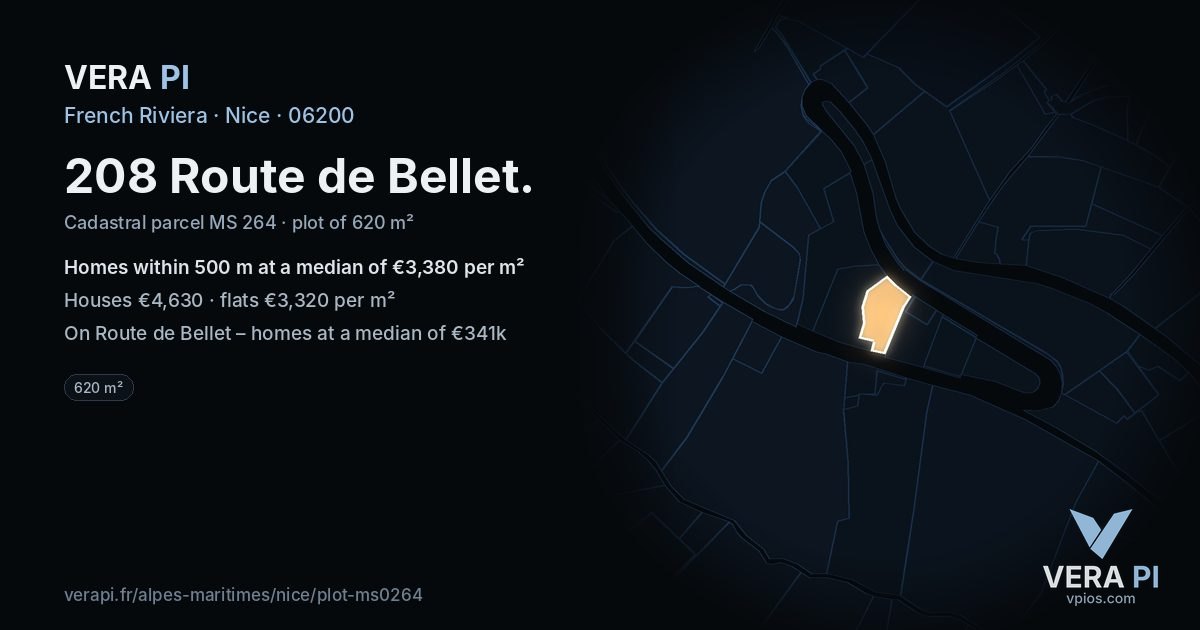 208 Route de Bellet, Nice at night – the plot lit, the parcels around coloured by the prices near them