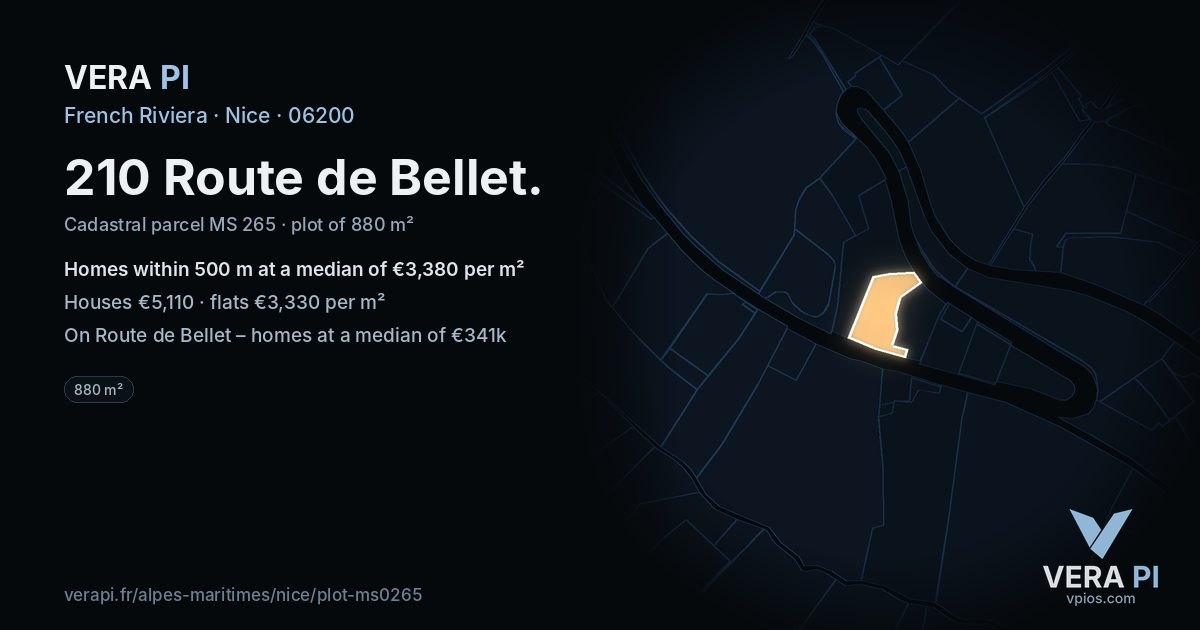 210 Route de Bellet, Nice at night – the plot lit, the parcels around coloured by the prices near them
