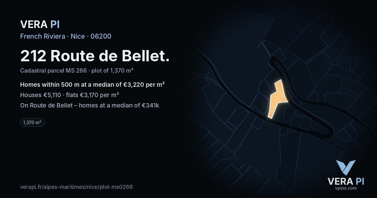 212 Route de Bellet, Nice at night – the plot lit, the parcels around coloured by the prices near them
