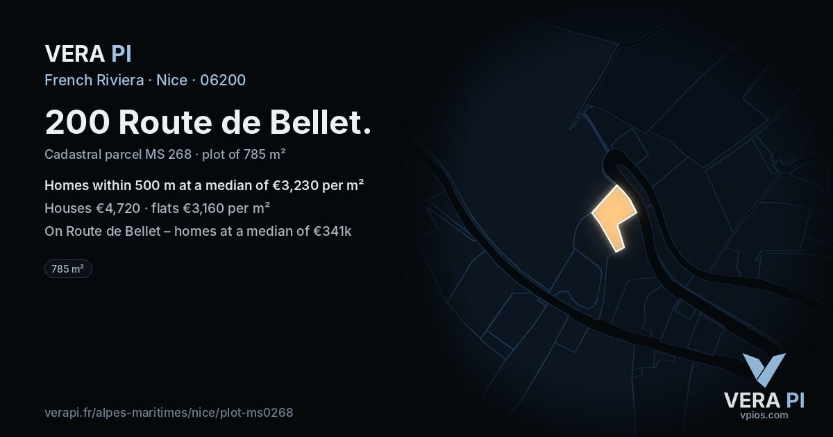 200 Route de Bellet, Nice at night – the plot lit, the parcels around coloured by the prices near them