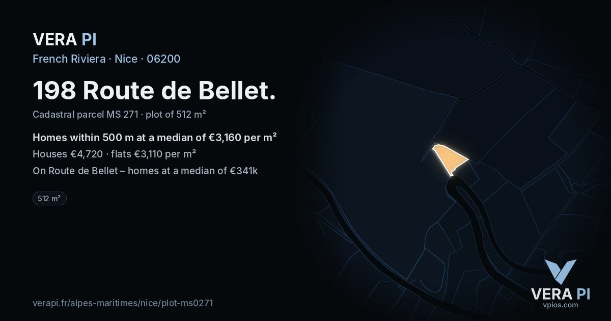 198 Route de Bellet, Nice at night – the plot lit, the parcels around coloured by the prices near them