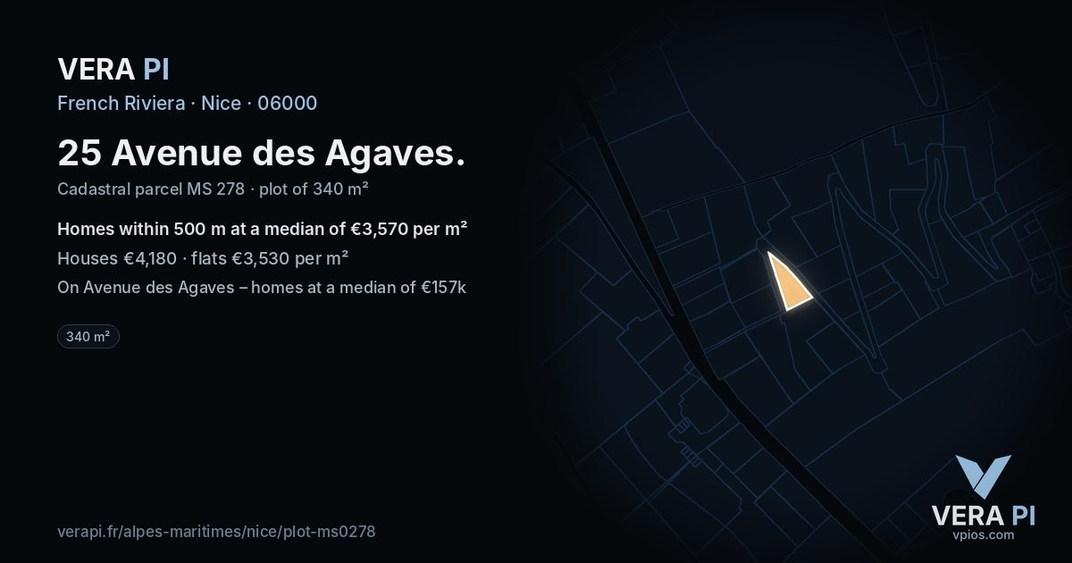 25 Avenue des Agaves, Nice at night – the plot lit, the parcels around coloured by the prices near them
