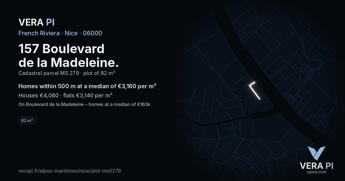 157 Boulevard de la Madeleine, Nice at night – the plot lit, the parcels around coloured by the prices near them