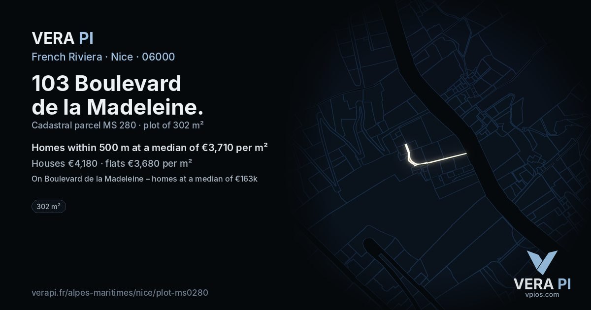 103 Boulevard de la Madeleine, Nice at night – the plot lit, the parcels around coloured by the prices near them