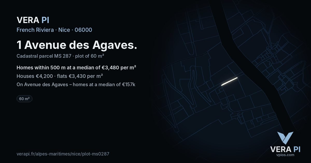 1 Avenue des Agaves, Nice at night – the plot lit, the parcels around coloured by the prices near them