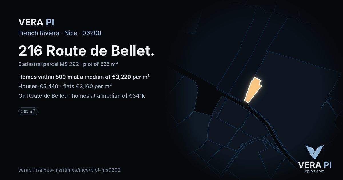 216 Route de Bellet, Nice at night – the plot lit, the parcels around coloured by the prices near them