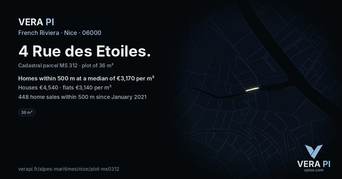 4 Rue des Etoiles, Nice at night – the plot lit, the parcels around coloured by the prices near them