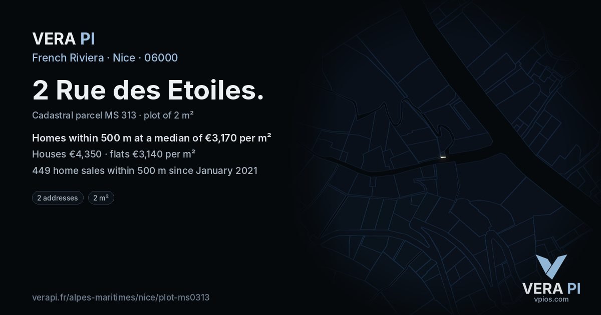 2 Rue des Etoiles, Nice at night – the plot lit, the parcels around coloured by the prices near them