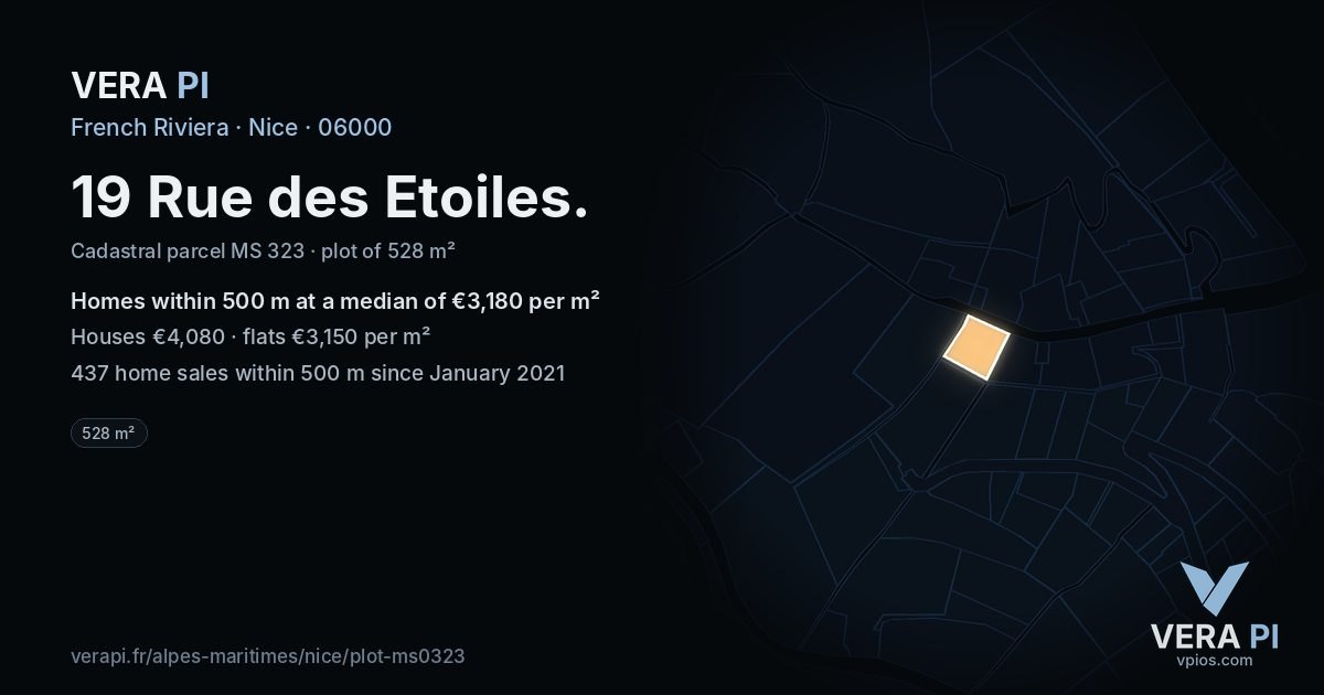 19 Rue des Etoiles, Nice at night – the plot lit, the parcels around coloured by the prices near them