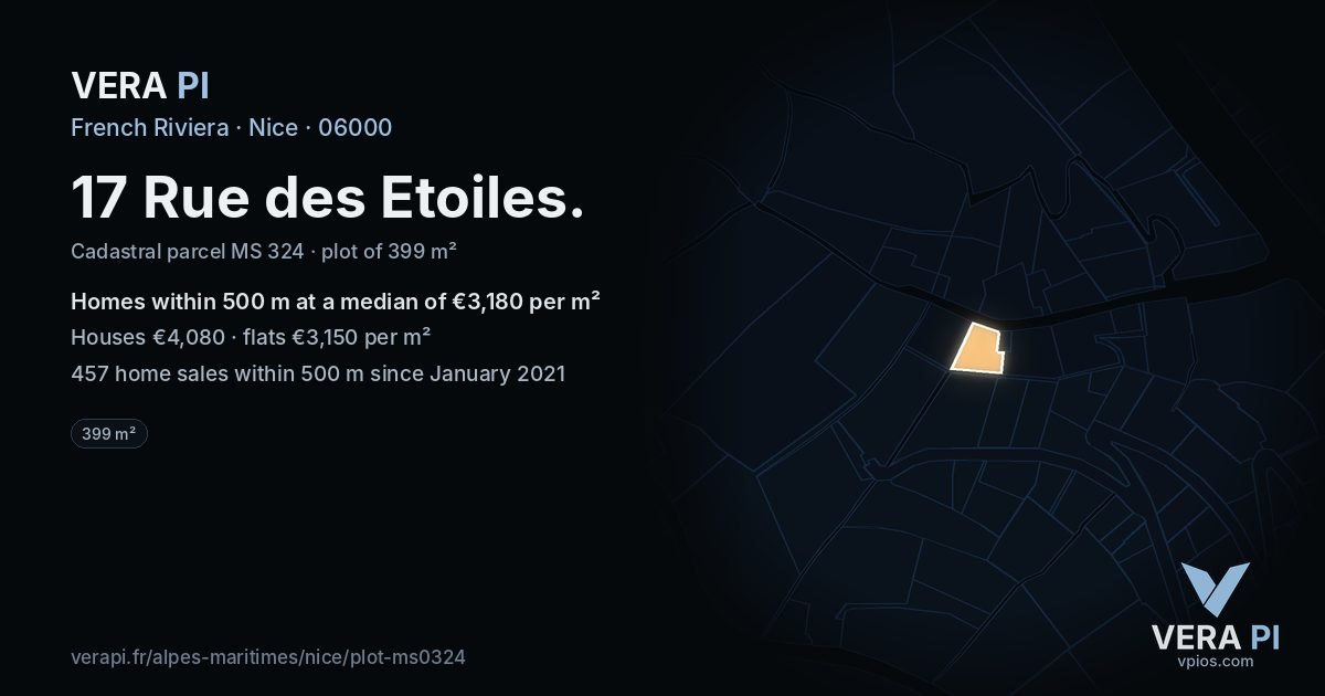 17 Rue des Etoiles, Nice at night – the plot lit, the parcels around coloured by the prices near them
