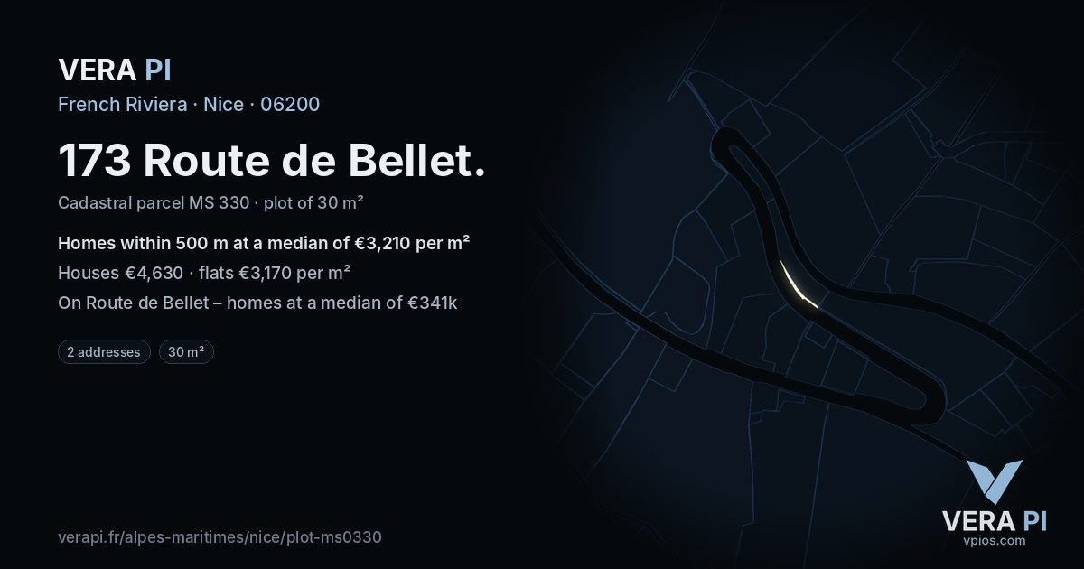 173 Route de Bellet, Nice at night – the plot lit, the parcels around coloured by the prices near them