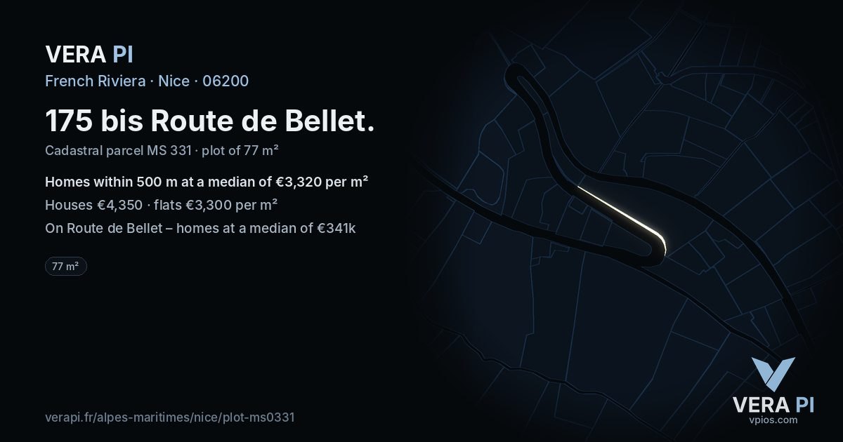 175 bis Route de Bellet, Nice at night – the plot lit, the parcels around coloured by the prices near them