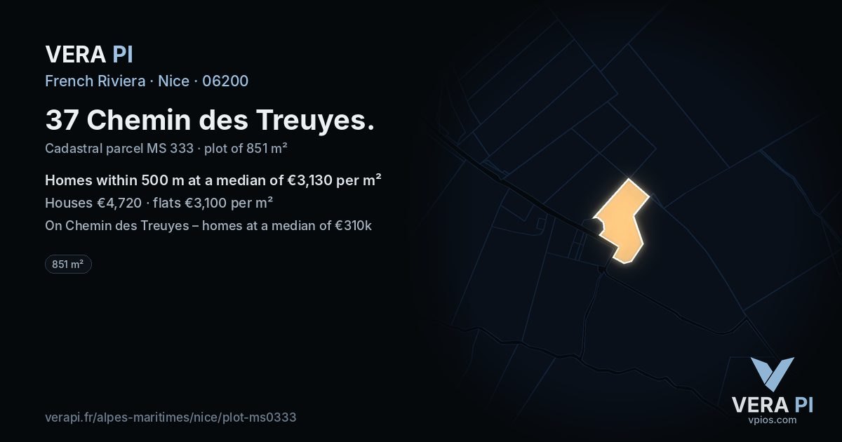 37 Chemin des Treuyes, Nice at night – the plot lit, the parcels around coloured by the prices near them