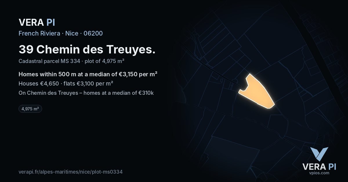 39 Chemin des Treuyes, Nice at night – the plot lit, the parcels around coloured by the prices near them