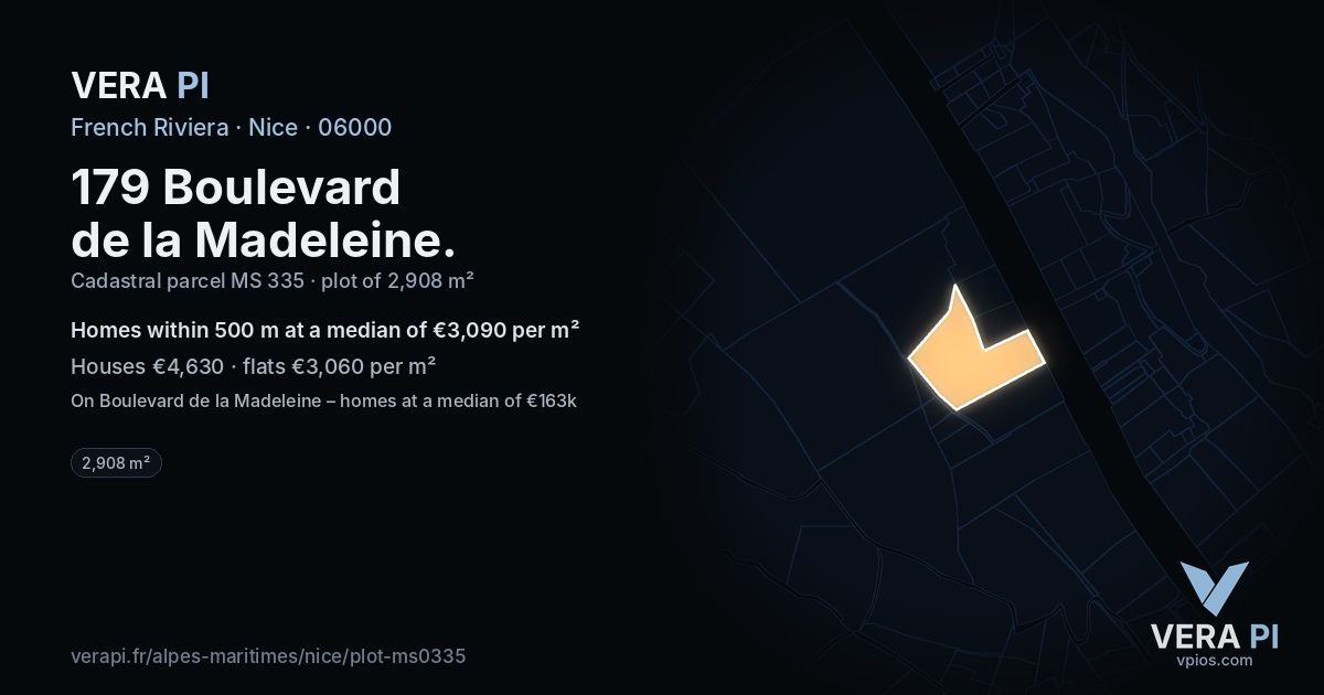 179 Boulevard de la Madeleine, Nice at night – the plot lit, the parcels around coloured by the prices near them