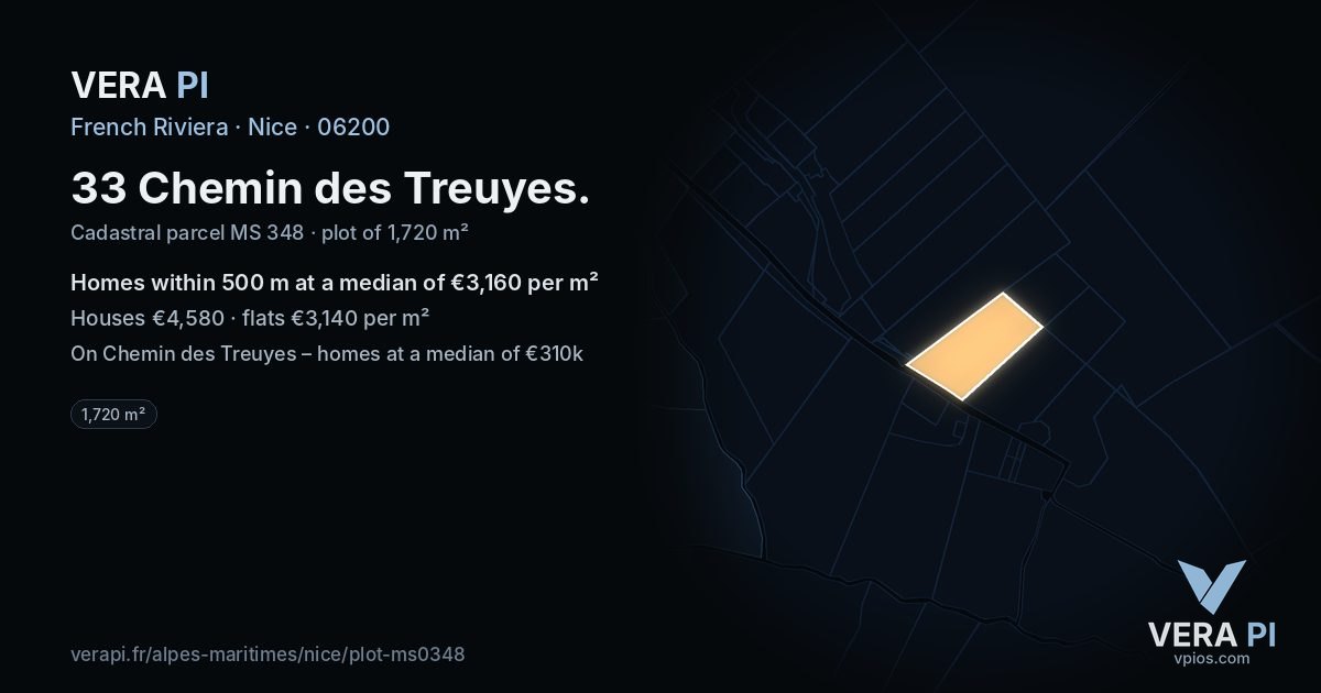 33 Chemin des Treuyes, Nice at night – the plot lit, the parcels around coloured by the prices near them