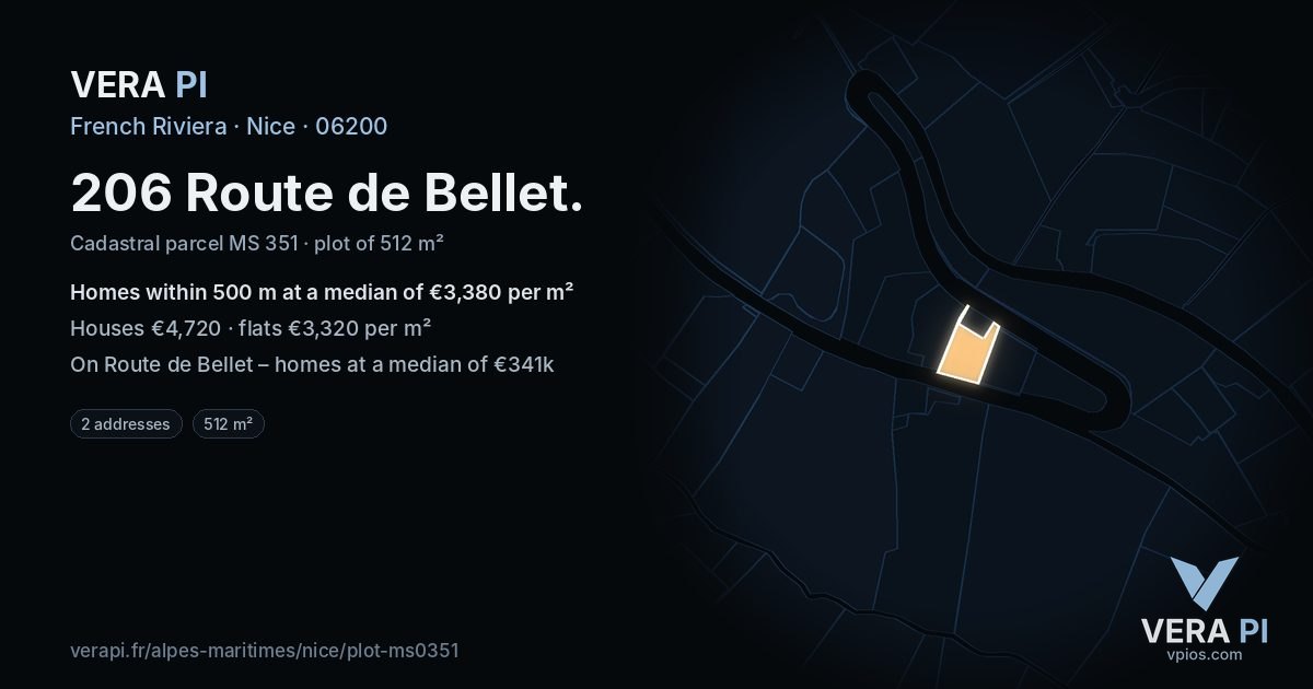 206 Route de Bellet, Nice at night – the plot lit, the parcels around coloured by the prices near them