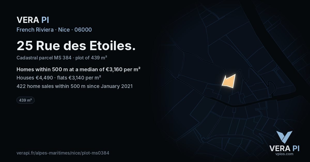 25 Rue des Etoiles, Nice at night – the plot lit, the parcels around coloured by the prices near them
