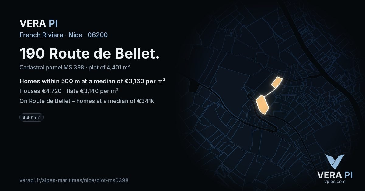 190 Route de Bellet, Nice at night – the plot lit, the parcels around coloured by the prices near them