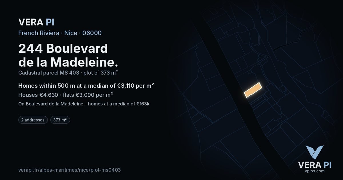 244 Boulevard de la Madeleine, Nice at night – the plot lit, the parcels around coloured by the prices near them