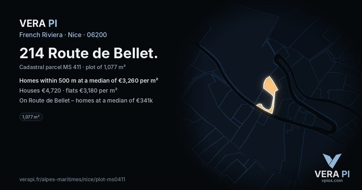 214 Route de Bellet, Nice at night – the plot lit, the parcels around coloured by the prices near them
