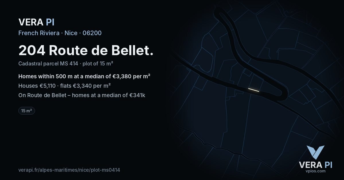204 Route de Bellet, Nice at night – the plot lit, the parcels around coloured by the prices near them