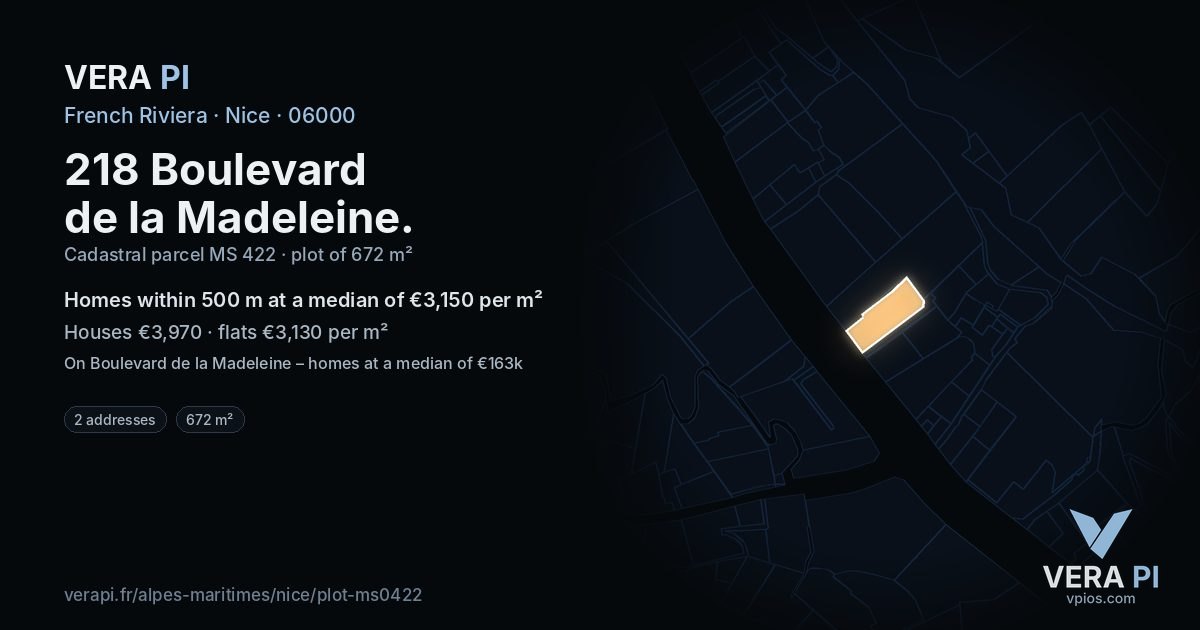 218 Boulevard de la Madeleine, Nice at night – the plot lit, the parcels around coloured by the prices near them