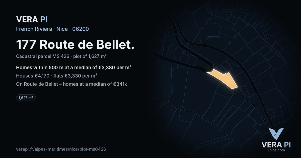 177 Route de Bellet, Nice at night – the plot lit, the parcels around coloured by the prices near them