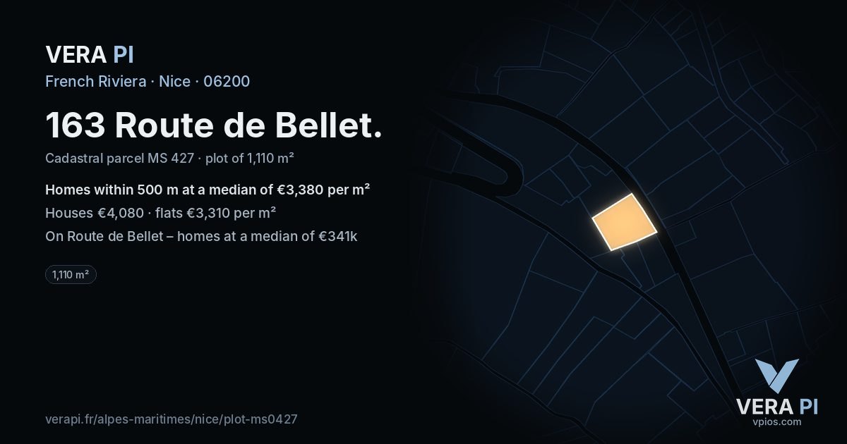 163 Route de Bellet, Nice at night – the plot lit, the parcels around coloured by the prices near them