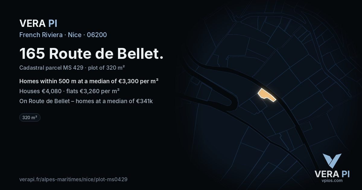 165 Route de Bellet, Nice at night – the plot lit, the parcels around coloured by the prices near them