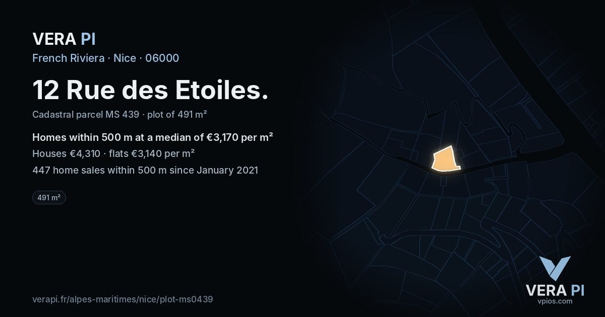 12 Rue des Etoiles, Nice at night – the plot lit, the parcels around coloured by the prices near them