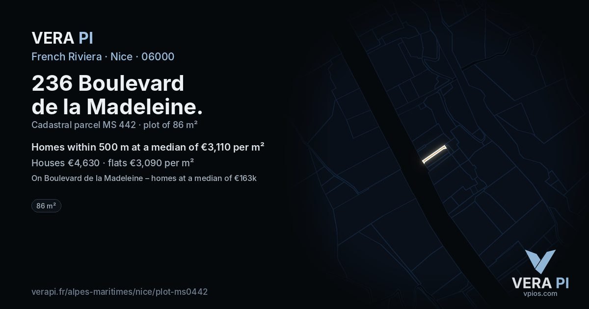 236 Boulevard de la Madeleine, Nice at night – the plot lit, the parcels around coloured by the prices near them