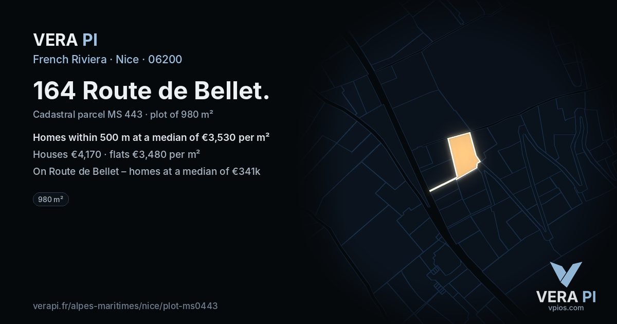164 Route de Bellet, Nice at night – the plot lit, the parcels around coloured by the prices near them