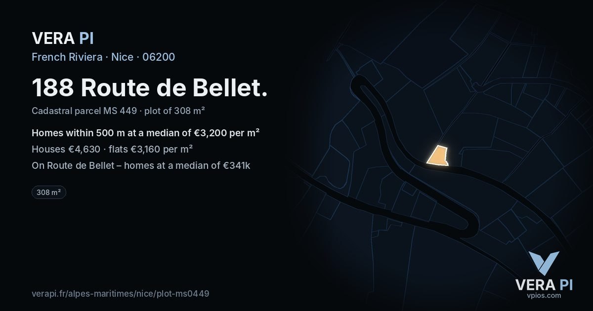 188 Route de Bellet, Nice at night – the plot lit, the parcels around coloured by the prices near them