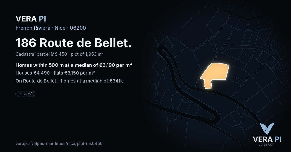 186 Route de Bellet, Nice at night – the plot lit, the parcels around coloured by the prices near them