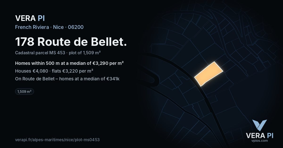 178 Route de Bellet, Nice at night – the plot lit, the parcels around coloured by the prices near them